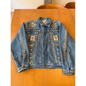 Vintage Myo‎ Pinon Clothing Co Denim Jacket Southwestern Aztec Embroidered